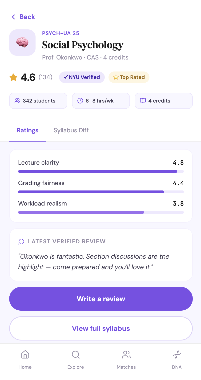Course detail screen with verified ratings