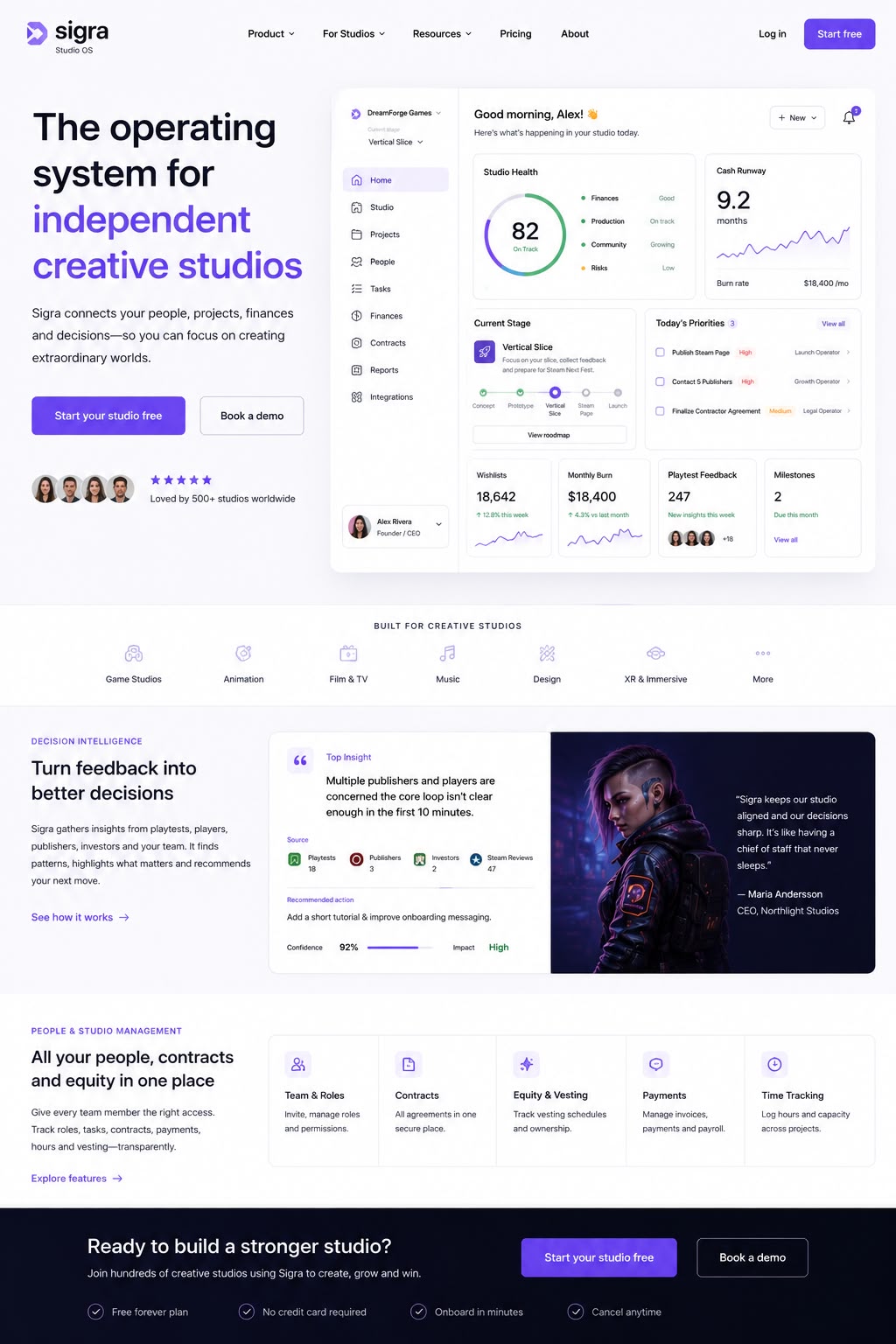 Sigra marketing site with studio health dashboard preview